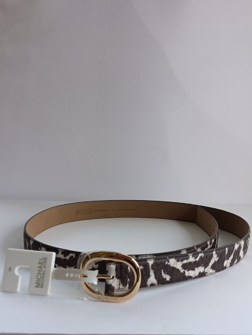 NWT Michael Kors Brown & Cream Animal-Print Leather Belt with Gold Buckle 2X